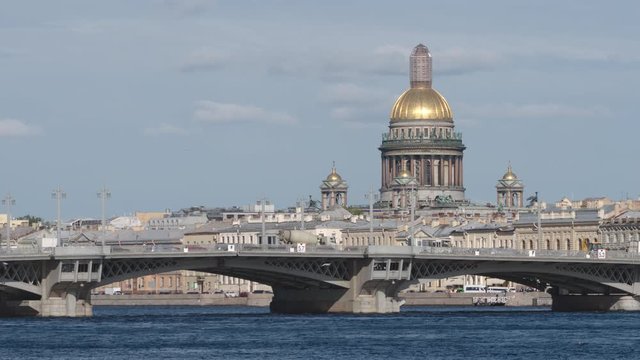 CLOSE UP: Famous Blagoveshchensky Bridge, Isaac Cathedral and Neva river in a day - St. Petersburg, Russia