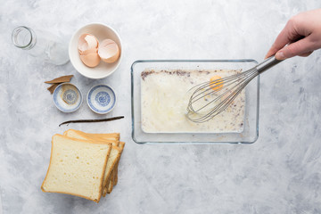 Ingredients and preparation of delicious sweet French toast with cinnamon and vanilla. Quick and...