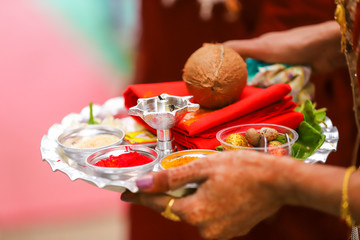 Indian traditional wedding ceremony : Decorative puja thali