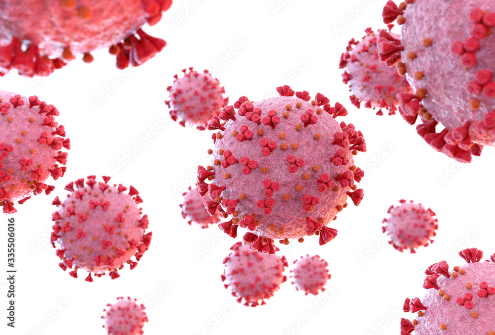 Poster 3d rendering of the coronavirus on a microscopic level. microscope close-up of the covid-19 disease.