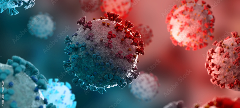 Poster microscopic close-up of the covid-19 disease. coronavirus illness spreading in body cell. 2019-ncov 