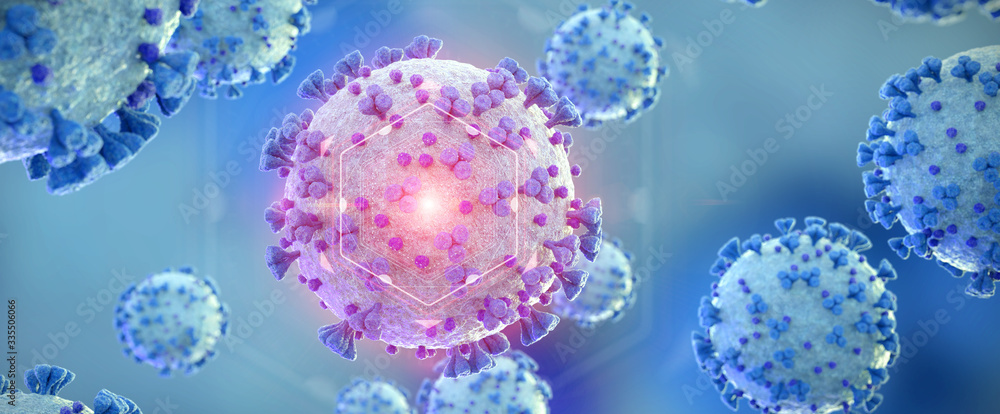 Poster microscopic close-up of the covid-19 disease. coronavirus illness spreading in body cell. 2019-ncov 