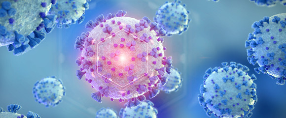Microscopic close-up of the covid-19 disease. Coronavirus illness spreading in body cell. 2019-nCoV analysis on microscope level 3D rendering
