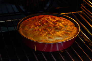Homemade pastry charlotte pie is cooked in the oven on home cuisine