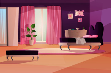 Girl bedroom interior in pink and violet colors. Vector cartoon teenager room in Baraco or rococo style, with bed, window, sofa, plant spot and pictures on wall