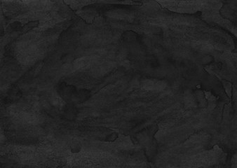 Watercolor old black background texture. Dark monochrome backdrop overlay. Abstract vintage coal color watercolour painting. Stains on paper.