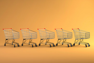 Shopping cart. Line of shopping trolleys, carts. Shopping and advertising concept. Colorfull background. Mock up, 3D Rendering