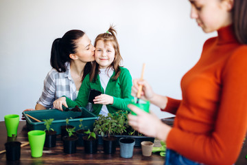 Mother daughters planting seedlings indoor. Hands of smiling girls and little sprouts and garden tools