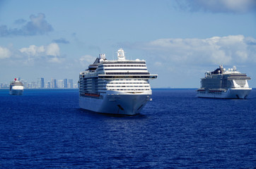 Italian MSC cruiseships or cruise ship liners parked or anchored or laid up at sea in Miami Beach...
