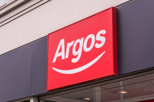 LONDON-JULY, 2018: Argos high street shop exterior signage- a British catalogue retailer and subsidiary of Sainsbury's