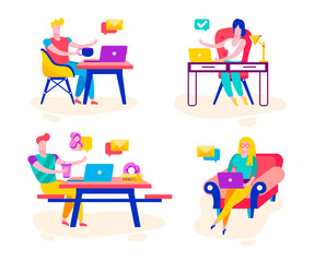 Just stay at home set. Home office, working. Freelance, distant job. Coronavirus pandemic self isolation, health care, protection. Flat colourful vector illustration icon isolated on white background.