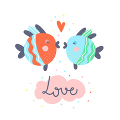 Two fishes kiss cute vector illustration. Funny underwater animal fish and lettering isolated on white background