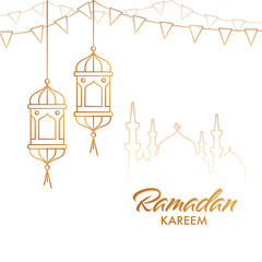 Islamic Holy Month of Ramadan Kareem with Line-art Style Hanging Lanterns, Bunting Flags, and Mosque on White Backgound.