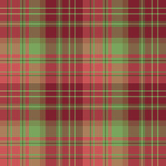 Seamless pattern in fascinating cute christmas burgundy, red and green colors for plaid, fabric, textile, clothes, tablecloth and other things. Vector image.