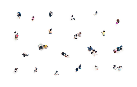 Group of people top view in focus on white background social distancing concept