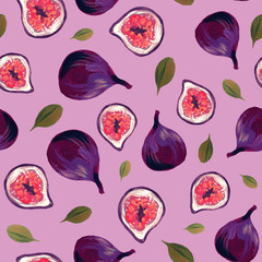 Figs cutaway juicy bright fruits seamless pattern. Manual illustration in gouache. Design for wallpaper, background, fabric, textile, cafe, restaurant, resort, exotic, packaging.