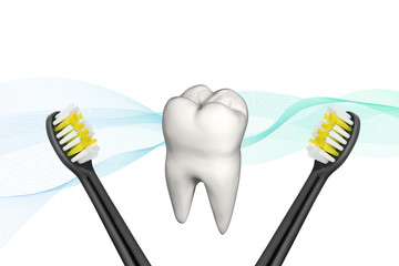 3D illustration of a tooth With a toothbrush.