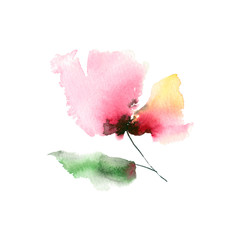 Pink flower. Single flower. Watercolor flower for greeting card design. Wedding invitation floral decor. Drawing abstract flower for birthday card design. Painted sakura bud.