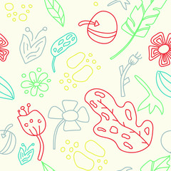 Cute hand drawn seamless pattern of graphic leaves and herbal elements. Doodle vector illustration for boho style wedding design, logo, posters and greeting cards.