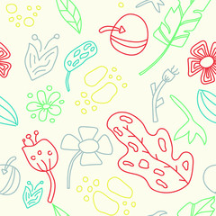 Cute hand drawn seamless pattern of graphic leaves and herbal elements. Doodle vector illustration for boho style wedding design, logo, posters and greeting cards.