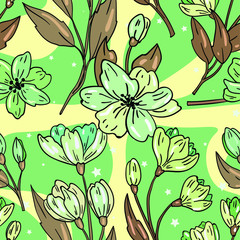 Seamless vector illustration with green flowers on green colorful background. Good for printing. Wallpaper, fabric and textile design. Wrapping paper pattern. Spring bouquet illustration.