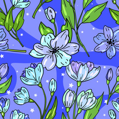 Seamless vector pattern with blue flower and branch with leaves on purple background. Wallpaper, fabric and textile design. Good for printing. Cute wrapping paper pattern with spring bouquet.