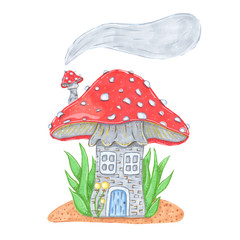 house mushroom fly agaric with a red roof and grass