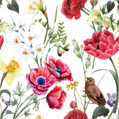 Beautiful floral summer seamless pattern with watercolor red and yellow flowers. Stock illustration.