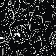 Seamless vector pattern with white contour poppy flower on black background. Good for printing. Wallpaper, fabric and textile design. Cute colorful wrapping paper pattern.