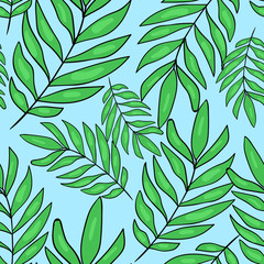 Seamless vector pattern with green leaves on blue background. Wallpaper, fabric and textile design. Good for printing. Cute wrapping paper pattern with fresh green leaves.