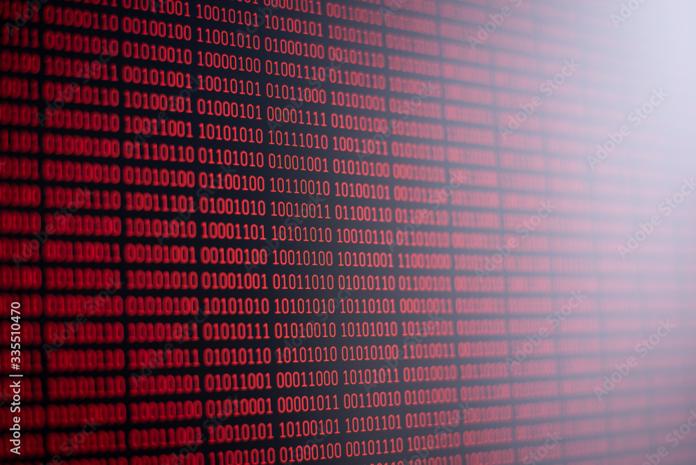 Poster red binary code on computer screen. information, data, science, computer technology