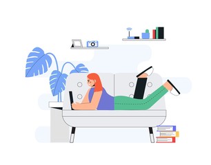 Home working office concept, woman work from home lying on the sofa, student, freelancer. Flat vector concept illustration.