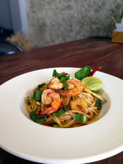 Spaghetti seafood with spicy chili Seafood Thai Style (Spaghetti Pad Kee Mao)