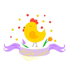 Greeting Easter card with a chicken and flowers.
