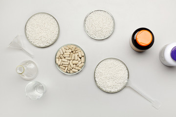 Top view of a desk in a chemistry lab