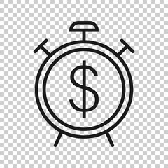 Time is money icon in flat style. Clock with dollar vector illustration on white isolated background. Currency business concept.