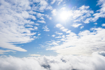 Aerial view white clouds in blue sky. View from drone. Aerial top view cloudscape. Texture of clouds. View from above. Sunrise or sunset over clouds. Panorama clouds