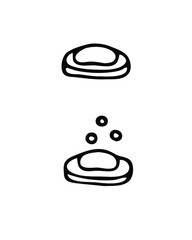 Hand drawn vector illustration with soap and soap with bubbles. Isolated on white background illustration with a hygienic theme for flyers, banners, booklets and other printed materials.