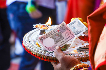 Indian traditional wedding ceremony : Decorative puja thali
