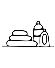 Hand drawn vector illustration with cosmetics, liquid soap and towels. Isolated on white background illustration with a hygienic theme for flyers, banners, booklets and other printed materials.