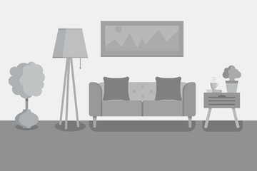 living room in gray for web site, print, poster, presentation. Home interior flalt design illustration.