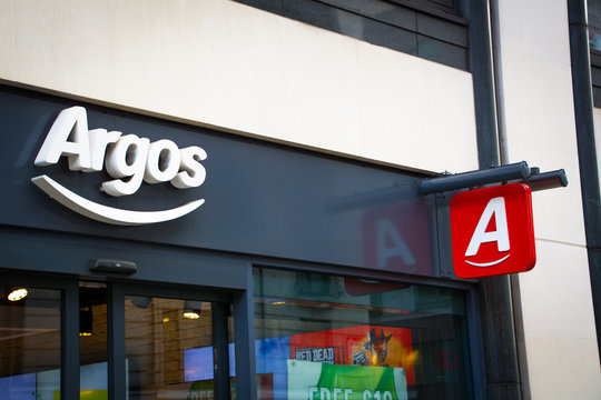 LONDON-OCTOBER, 2018: Argos high street shop exterior signage- a British catalogue retailer