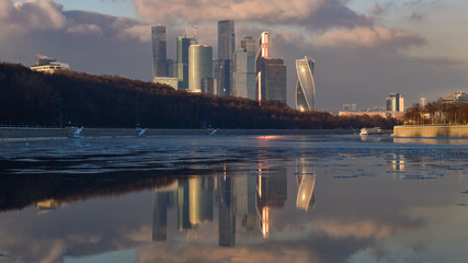 Sunset over the Moscow river. Moscow city in sunset light