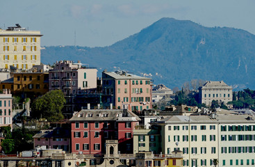 Fototapeta na wymiar Veduta panoramica dei tetti e delle costruzioni antiche del centro storico della città di Genova. Sullo sfondo, il promontorio con il monte di Portofino. 