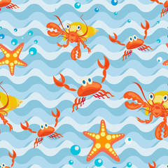 Mariene achtergrond. Cartoon krabben, zeester, heremietkreeft. Vector naadloos patroon met golven en zeebewoners in cartoonstijl. Ontwerp voor babytextiel.