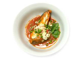  Spicy Canned Sardine Salad on a white background,with clipping path,Food was so popular during the crisis, the outbreak of the virus Covid -19. It can be stored longer and cook at home
