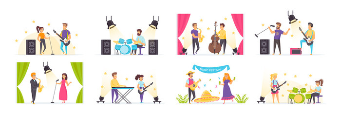 Musicians set with people characters in various situations. Rock band playing guitar, drum and synthesizer. Jazz orchestra with vocalist and saxophonist. Bundle of studio audio record in flat style.