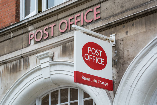 LONDON- NOVEMBER, 2018: A Post Office branch exterior signage in London. A British retail post office company with branches across the UK