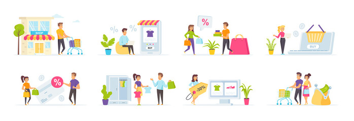 Seasonal shopping set with people characters in various situations. Shoppers with shopping bags and full supermarket trolley, man and woman buy clothes online. Bundle of shopaholics with purchases.