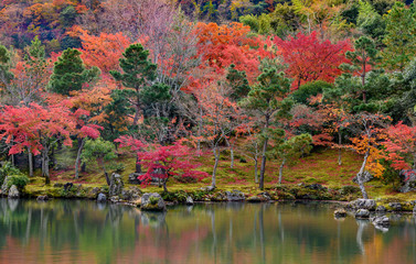 Autumn forest of Arashiyama ,still water reflection  in World HeritageTenryuji Temple Arashiyama Kyoto